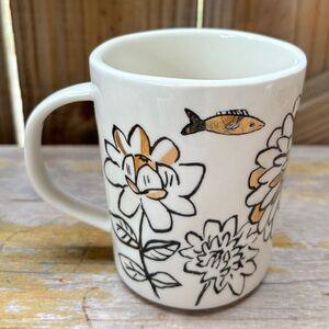 Anthropologie Rhea Fish & Flowers Off-White Black & Gold Coffee Mug 10oz